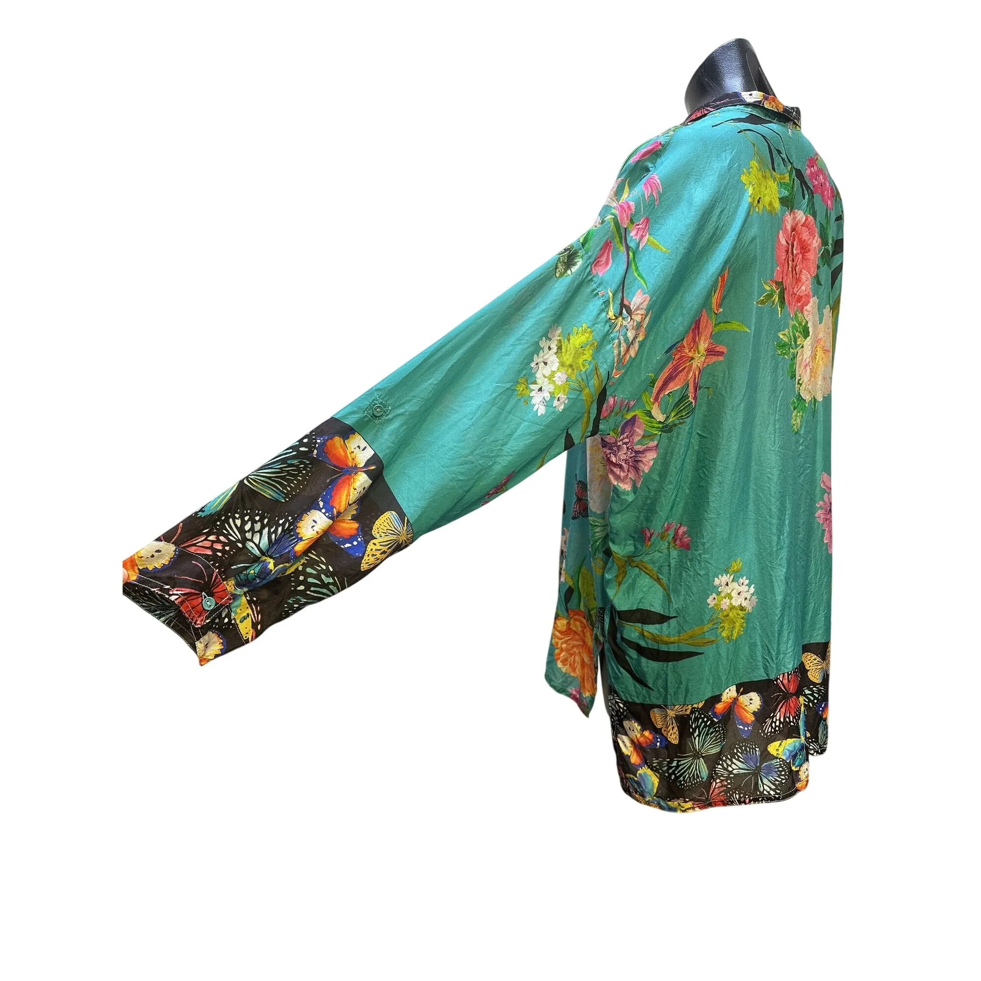 Johnny Was Silk Teal Floral Butterfly Print Button-Up Tunic Top w/Long Sleeves Size L