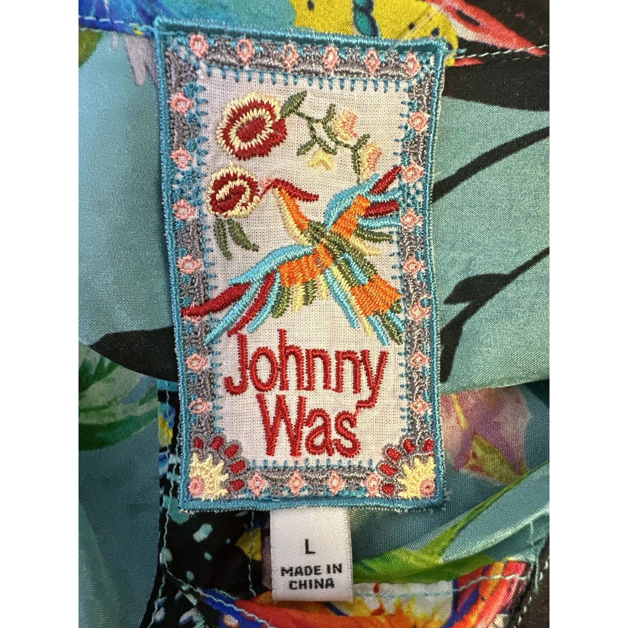 Johnny Was Silk Teal Floral Butterfly Print Button-Up Tunic Top w/Long Sleeves Size L