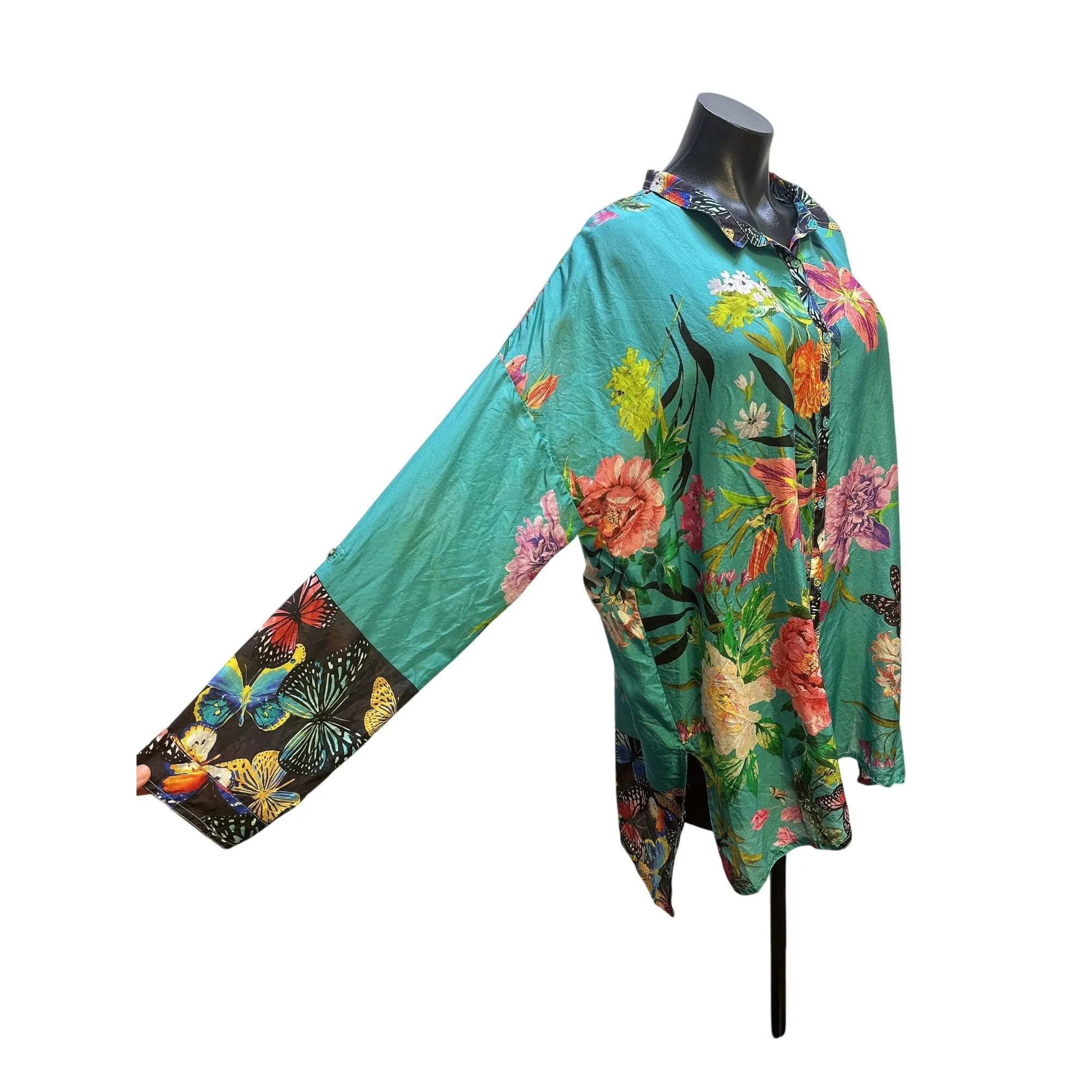 Johnny Was Silk Teal Floral Butterfly Print Button-Up Tunic Top w/Long Sleeves Size L