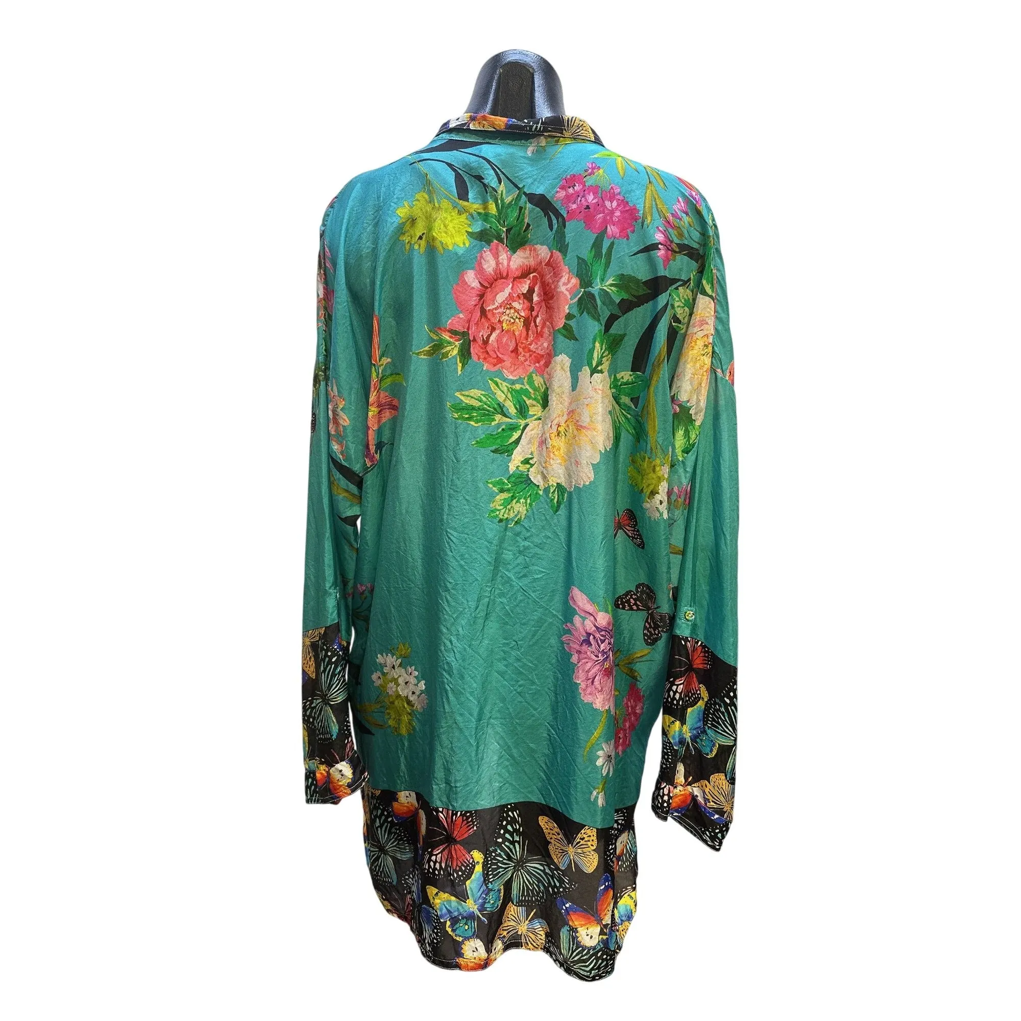 Johnny Was Silk Teal Floral Butterfly Print Button-Up Tunic Top w/Long Sleeves Size L