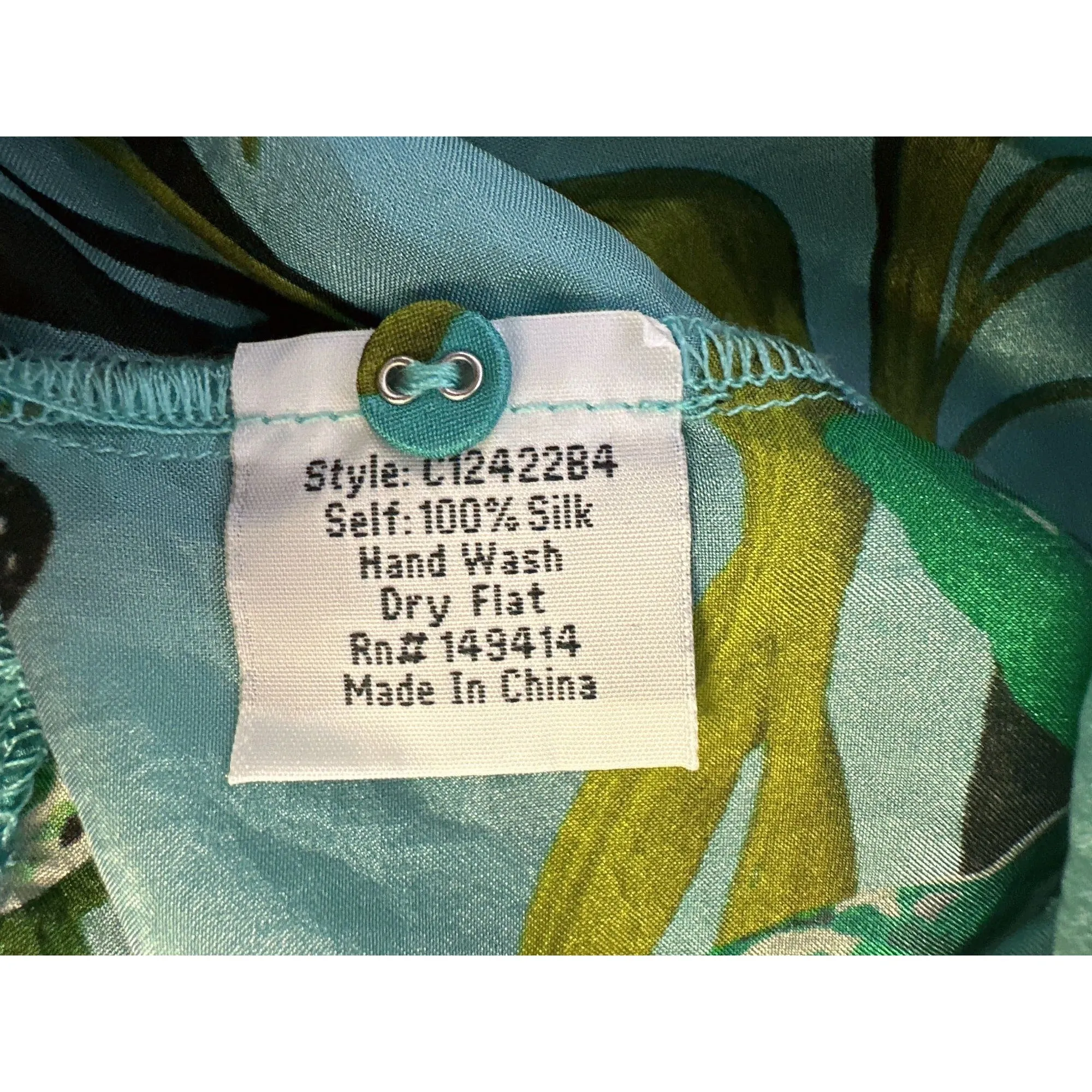 Johnny Was Silk Teal Floral Butterfly Print Button-Up Tunic Top w/Long Sleeves Size L