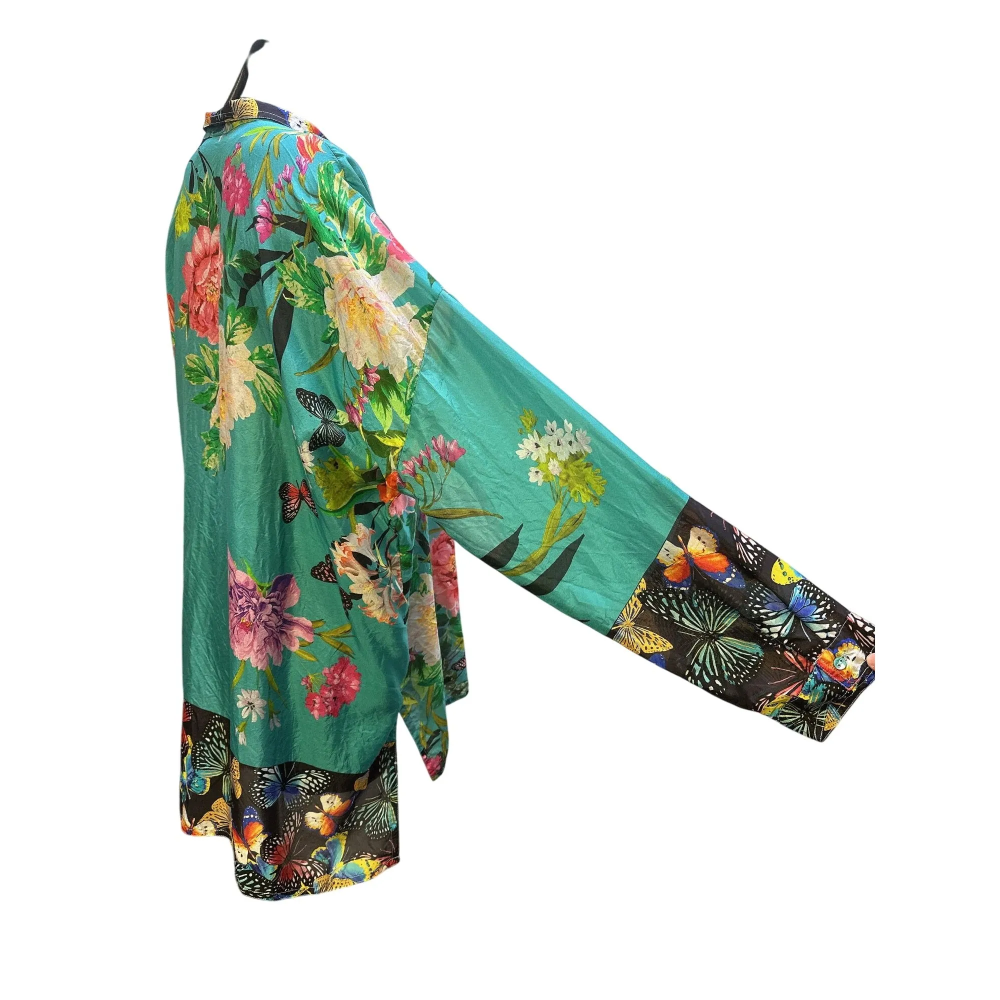 Johnny Was Silk Teal Floral Butterfly Print Button-Up Tunic Top w/Long Sleeves Size L