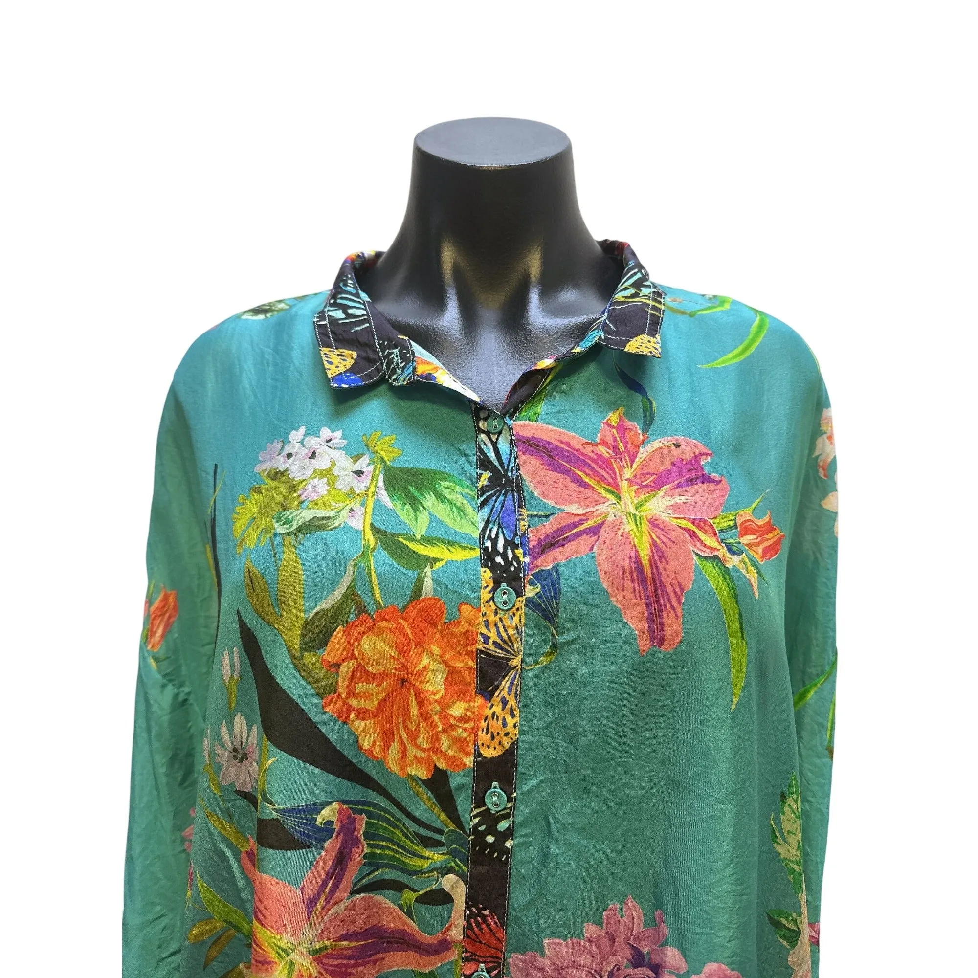Johnny Was Silk Teal Floral Butterfly Print Button-Up Tunic Top w/Long Sleeves Size L