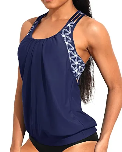 Ladies Racerback Bathing Suit Top Push Up Bra Tankini Top-Blue And White Stars