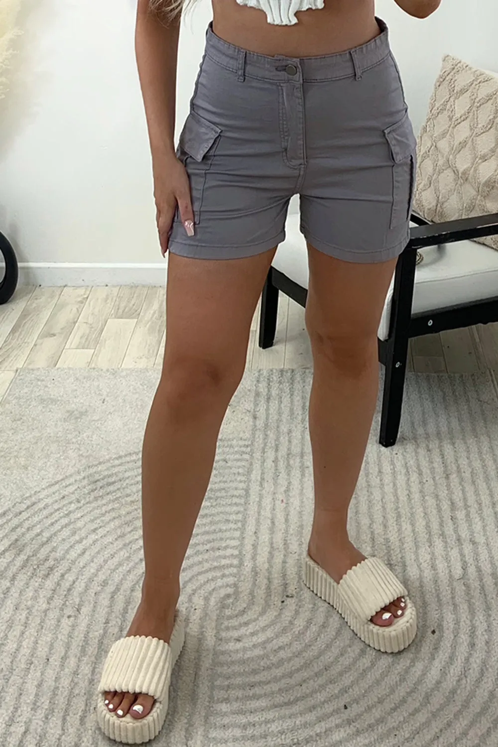 Laural Grey High Waisted Cargo Pocket Detail Shorts