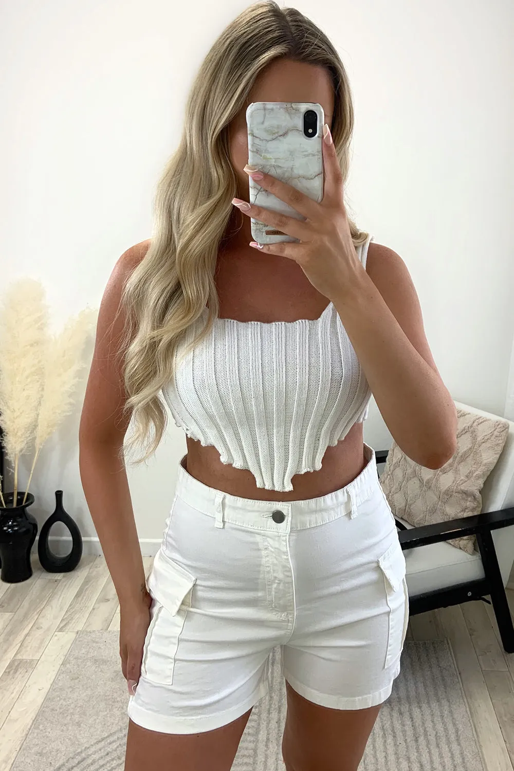 Laural White High Waisted Cargo Pocket Detail Shorts