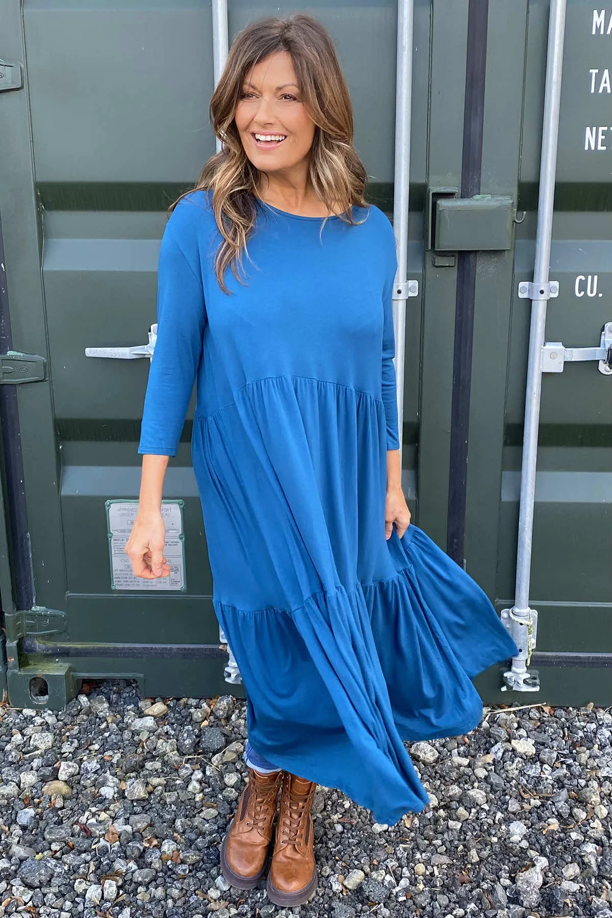 Lenora Tiered Cotton Dress Teal