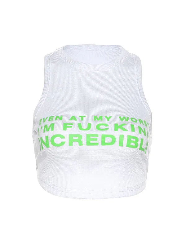 Letters Prints Crew Neck Cropped Tank Top