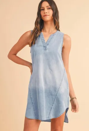 Lily Light Wash Split Neck Sleeveless Chambray Dress