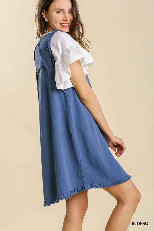 Linen Blend Round Neck Sleeveless Ruffle Frayed Dress