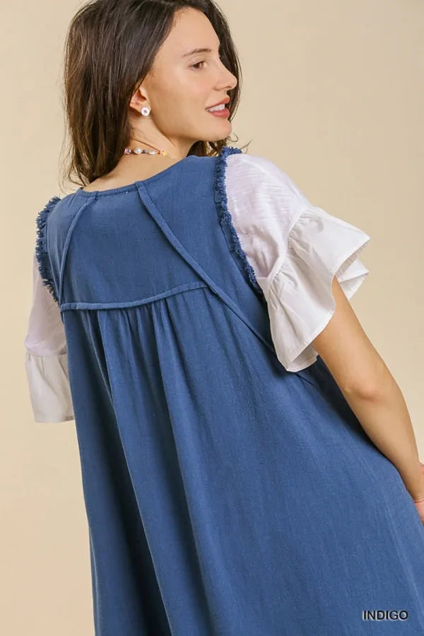 Linen Blend Round Neck Sleeveless Ruffle Frayed Dress