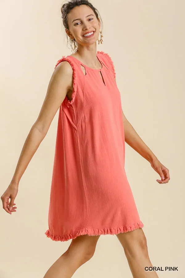 Linen Blend Round Neck Sleeveless Ruffle Frayed Dress