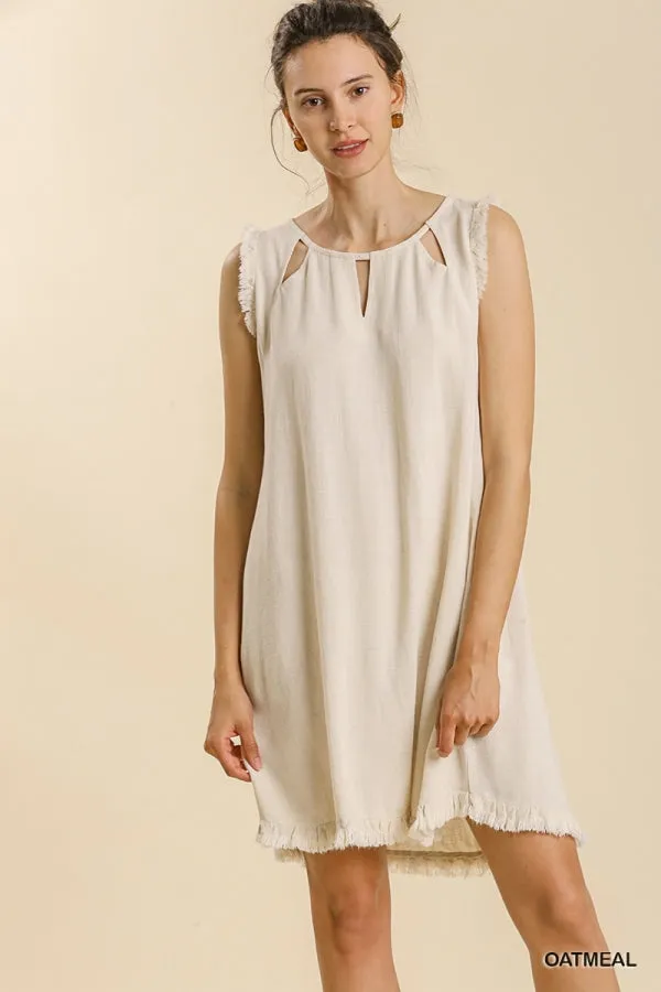 Linen Blend Round Neck Sleeveless Ruffle Frayed Dress