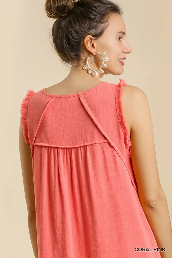 Linen Blend Round Neck Sleeveless Ruffle Frayed Dress