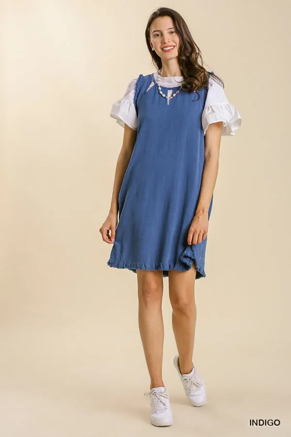 Linen Blend Round Neck Sleeveless Ruffle Frayed Dress