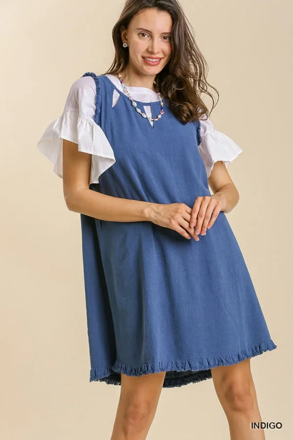 Linen Blend Round Neck Sleeveless Ruffle Frayed Dress