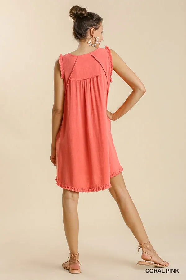 Linen Blend Round Neck Sleeveless Ruffle Frayed Dress