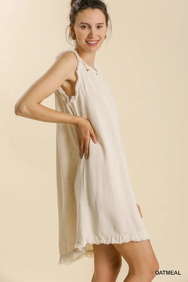 Linen Blend Round Neck Sleeveless Ruffle Frayed Dress