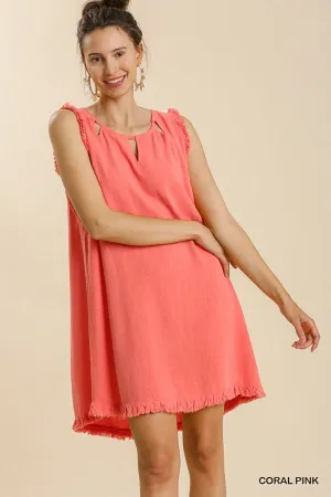 Linen Blend Round Neck Sleeveless Ruffle Frayed Dress