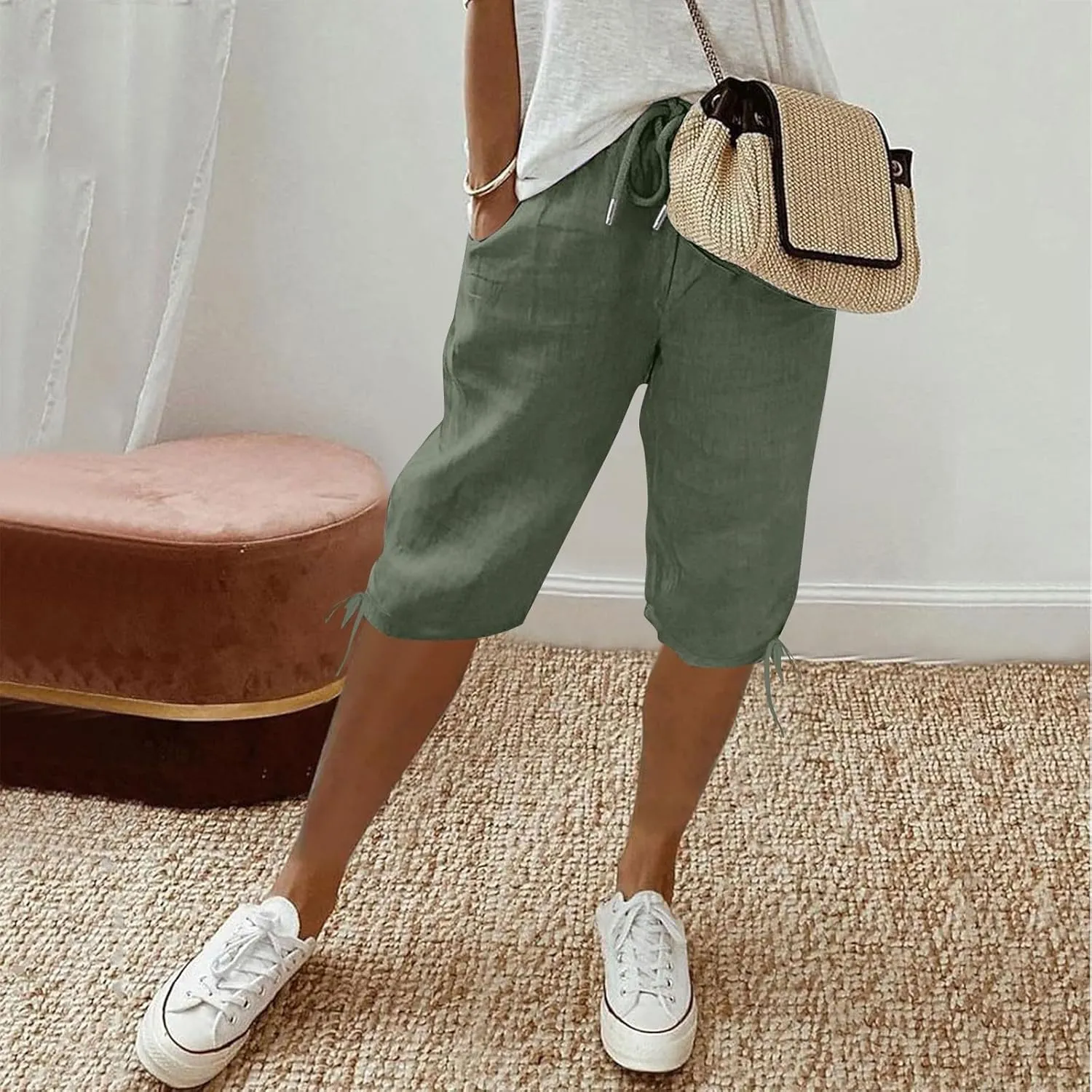 Linen Shorts for Women Lightweight Shorts High Waisted Casual Summer Drawstring Beach Vacation Outfit