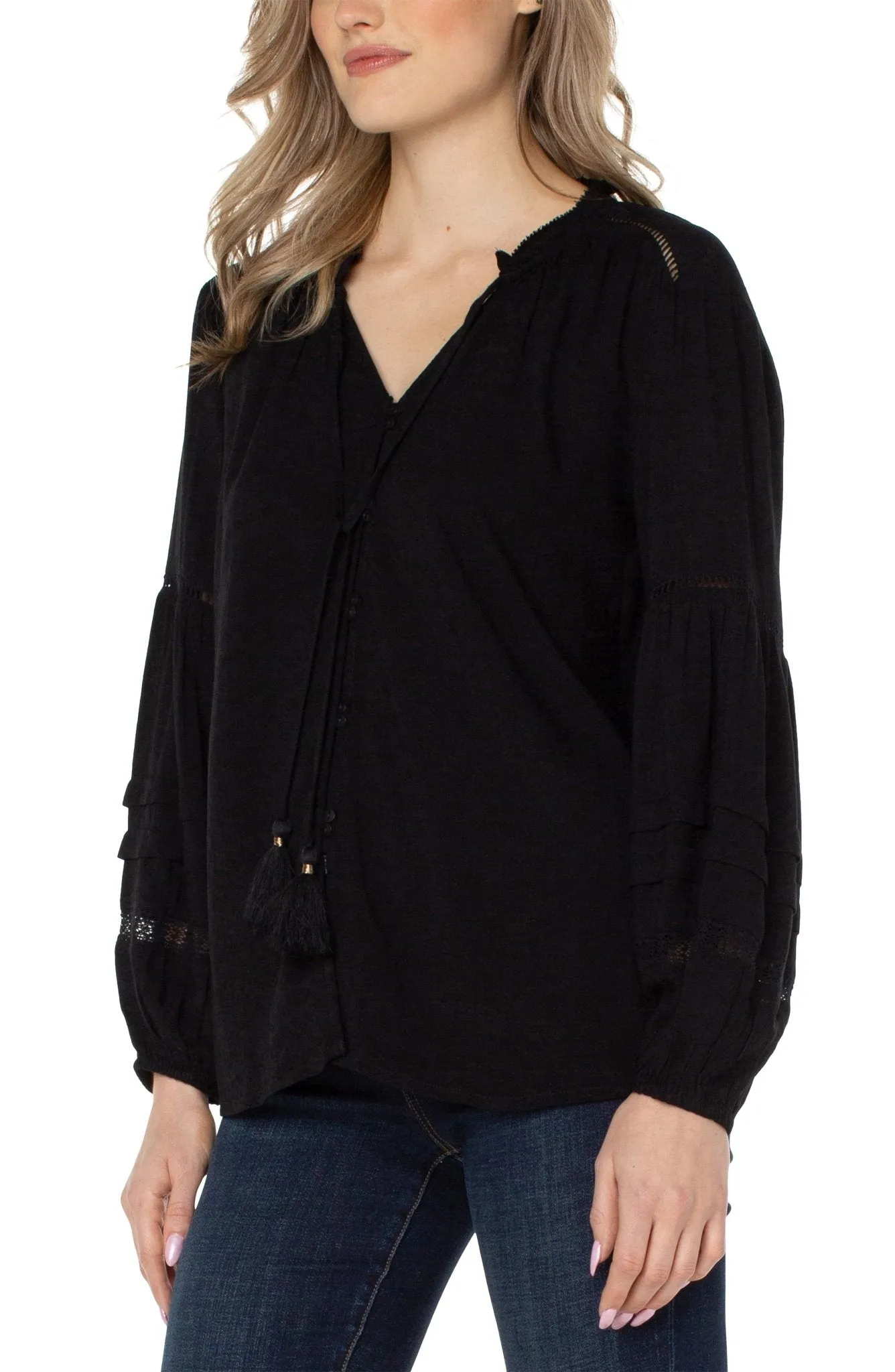 Liverpool V-Neck Long Sleeve Popover Shirred Blouse