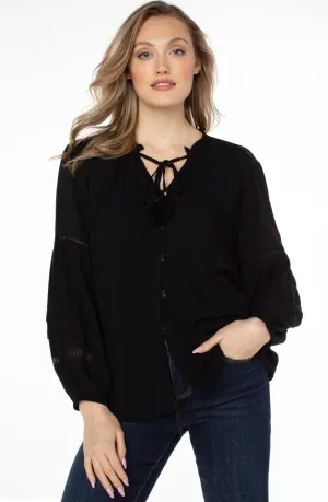 Liverpool V-Neck Long Sleeve Popover Shirred Blouse