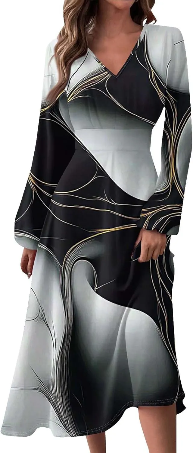 Long Sleeve Dress Women Midi Spring V Neck Puff Sleeve Wrap Dress Floral Graphic High Waist Ruched Dresses Party Dress