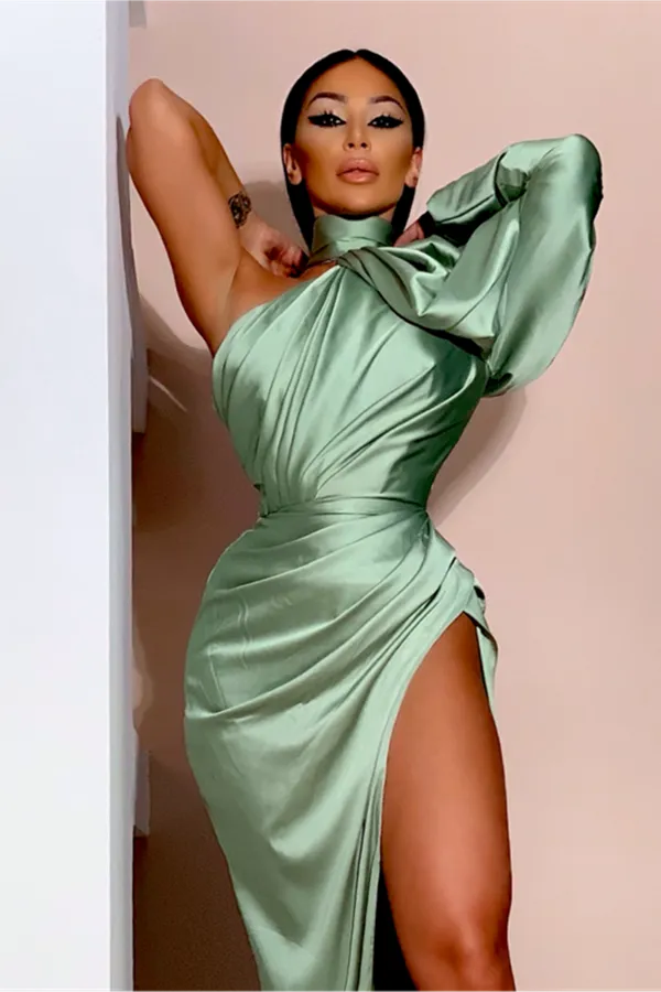 Long Sleeves Mermaid High Neck Satin Formal Prom Dress With Split