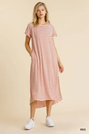 Maxi Striped T-Shirt Pocket Side Slit Details Dress