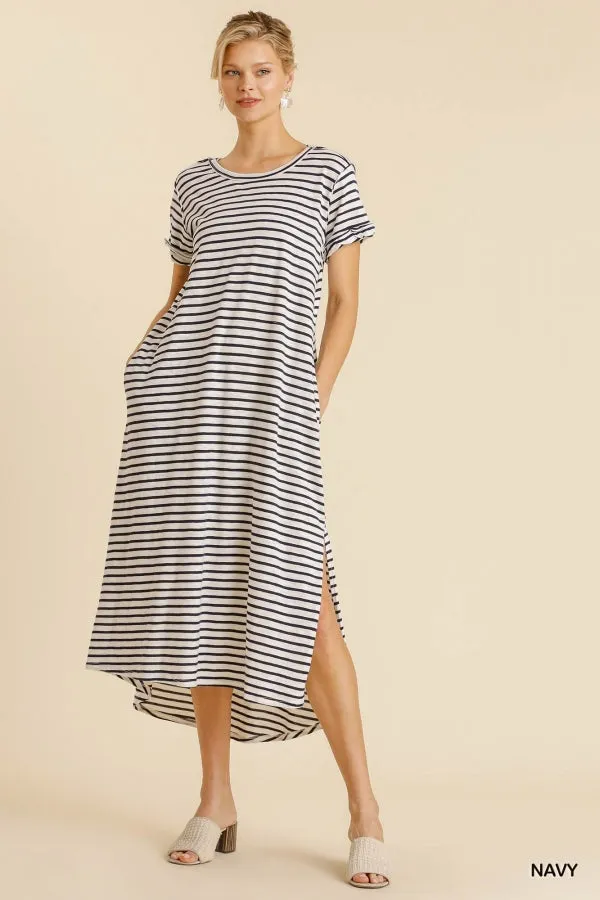 Maxi Striped T-Shirt Pocket Side Slit Details Dress