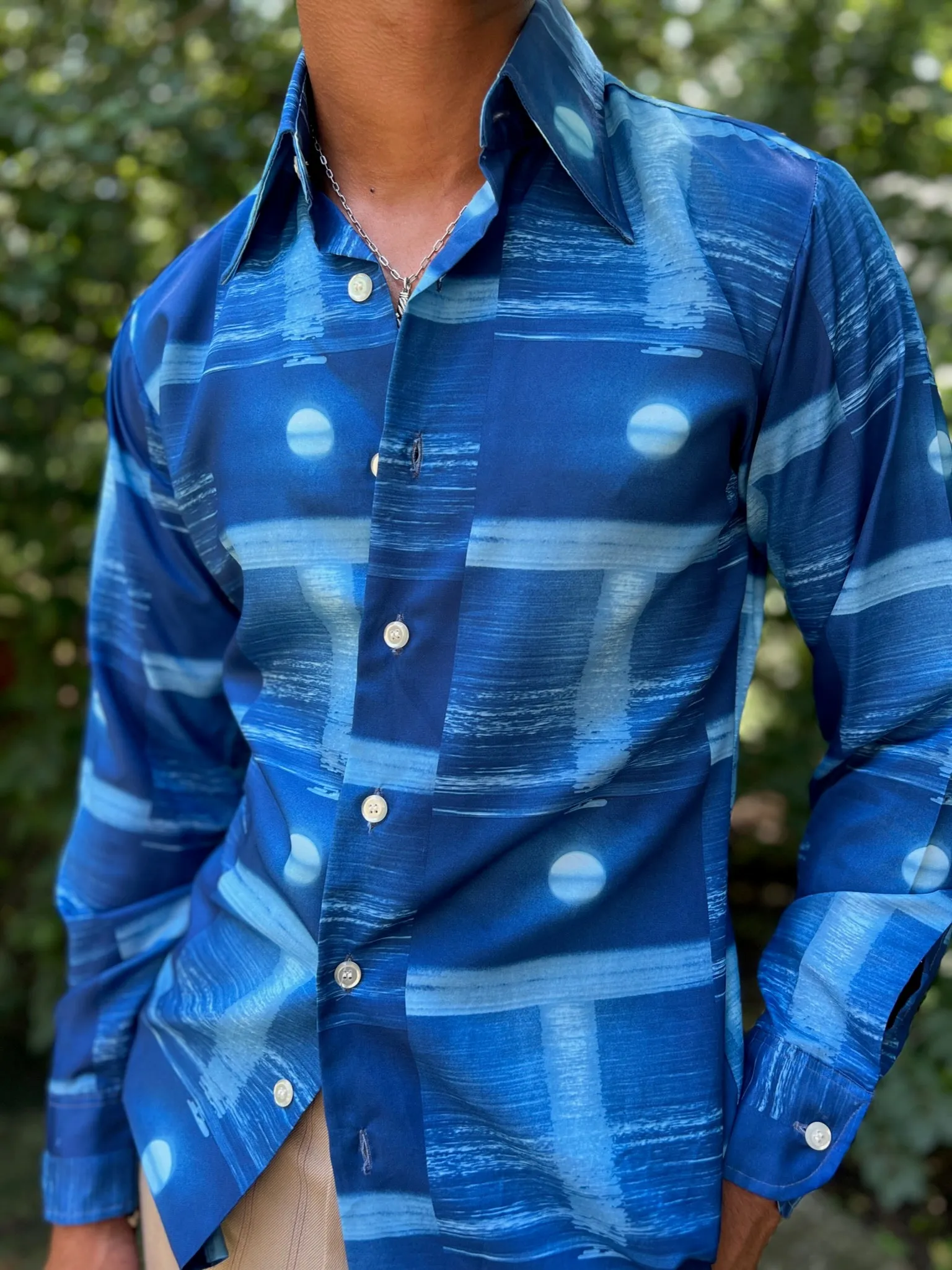 Mens 70s Polyester Full Moon Photo Fabric Disco Shirt, Joe Namath by Arrow