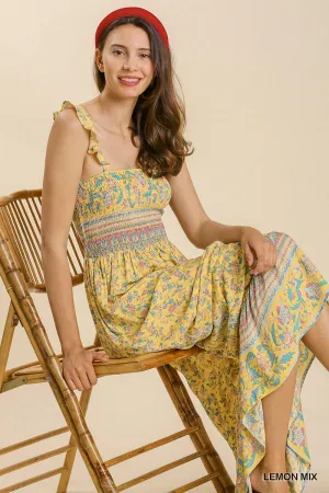 Mixed Border Print Ruffle Trimmed Strap Smocked Maxi Dress