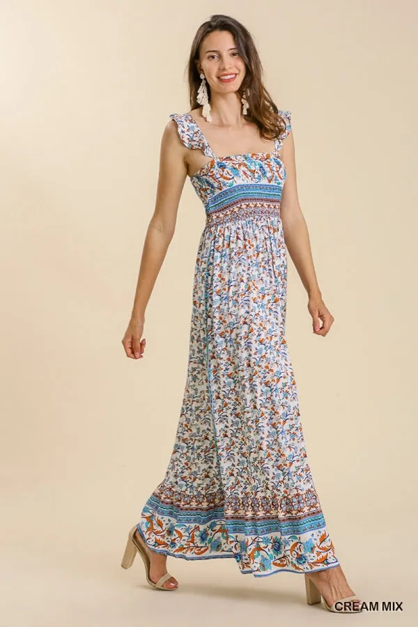 Mixed Border Print Ruffle Trimmed Strap Smocked Maxi Dress