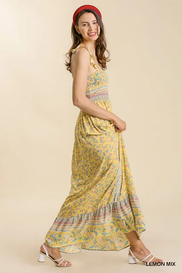 Mixed Border Print Ruffle Trimmed Strap Smocked Maxi Dress