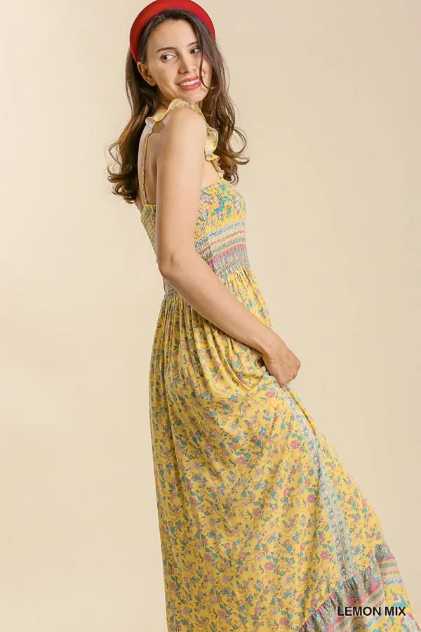 Mixed Border Print Ruffle Trimmed Strap Smocked Maxi Dress