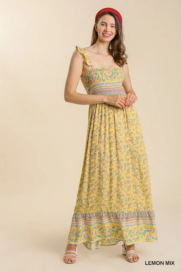 Mixed Border Print Ruffle Trimmed Strap Smocked Maxi Dress