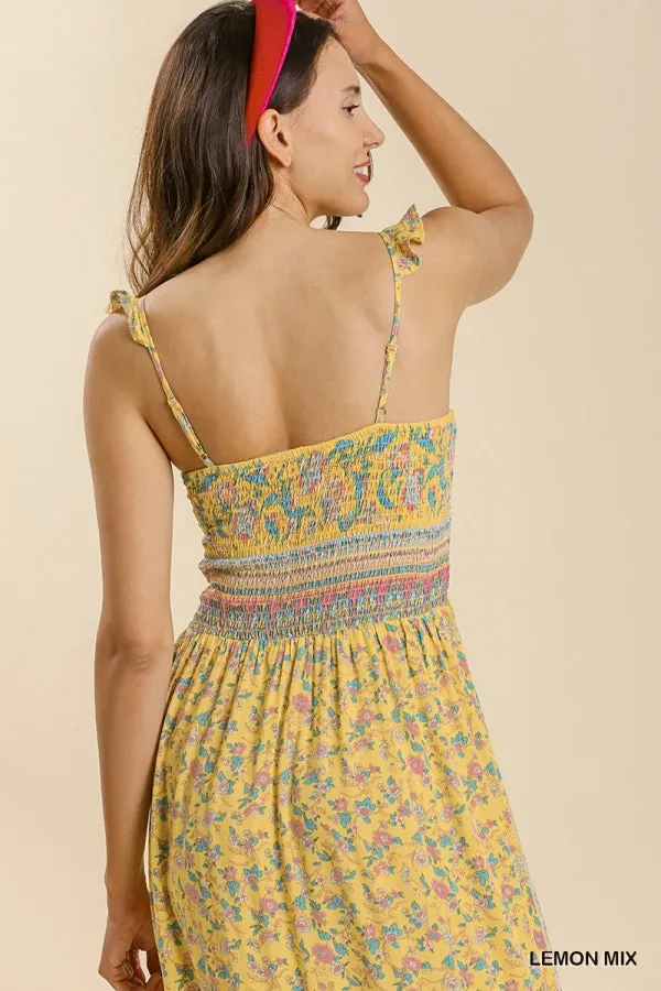 Mixed Border Print Ruffle Trimmed Strap Smocked Maxi Dress