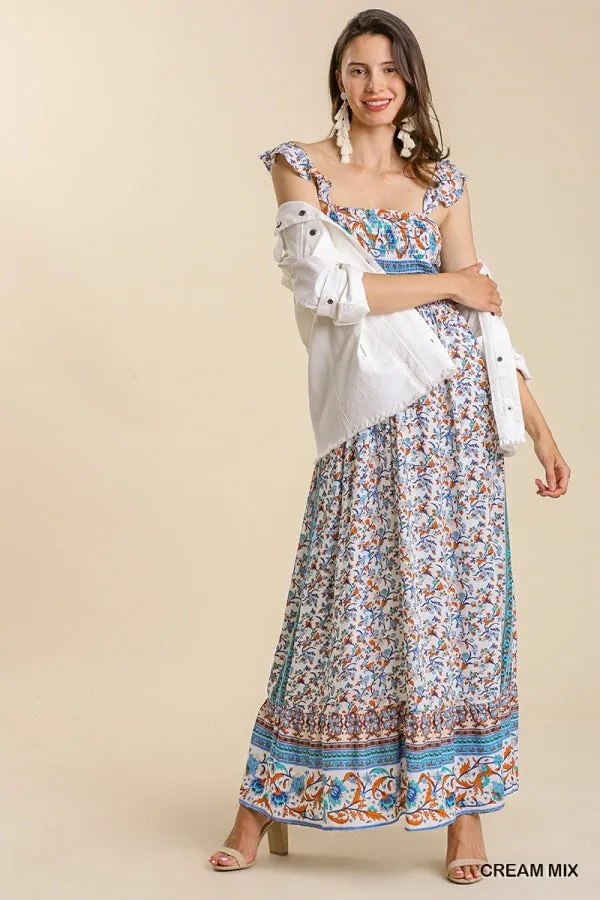 Mixed Border Print Ruffle Trimmed Strap Smocked Maxi Dress