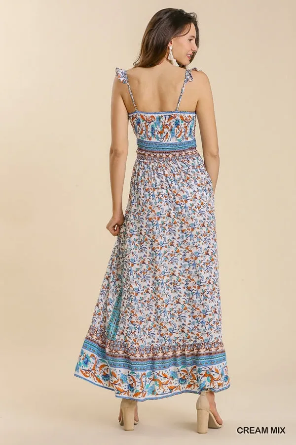 Mixed Border Print Ruffle Trimmed Strap Smocked Maxi Dress
