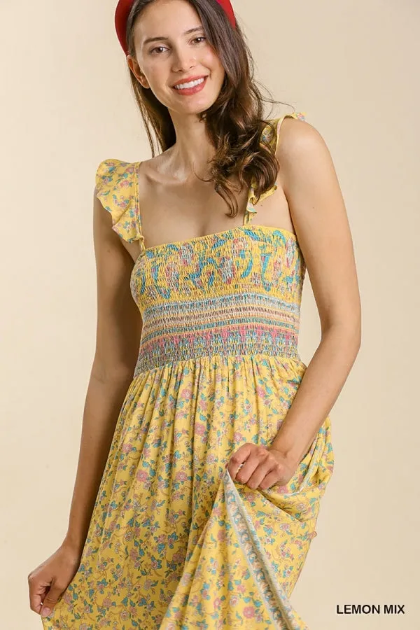 Mixed Border Print Ruffle Trimmed Strap Smocked Maxi Dress