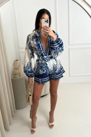 Myra blue floral linen look shirt & shorts