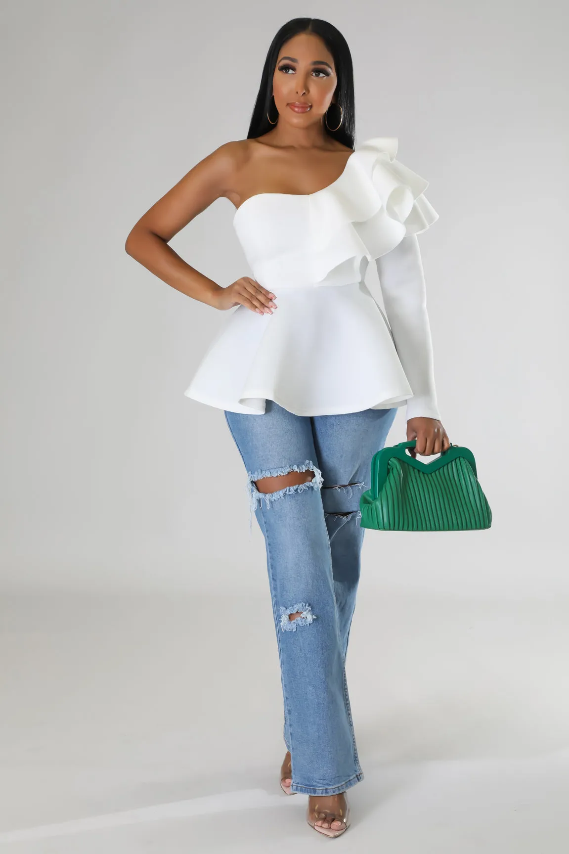 Off White One Shoulder Ruffle Blouse