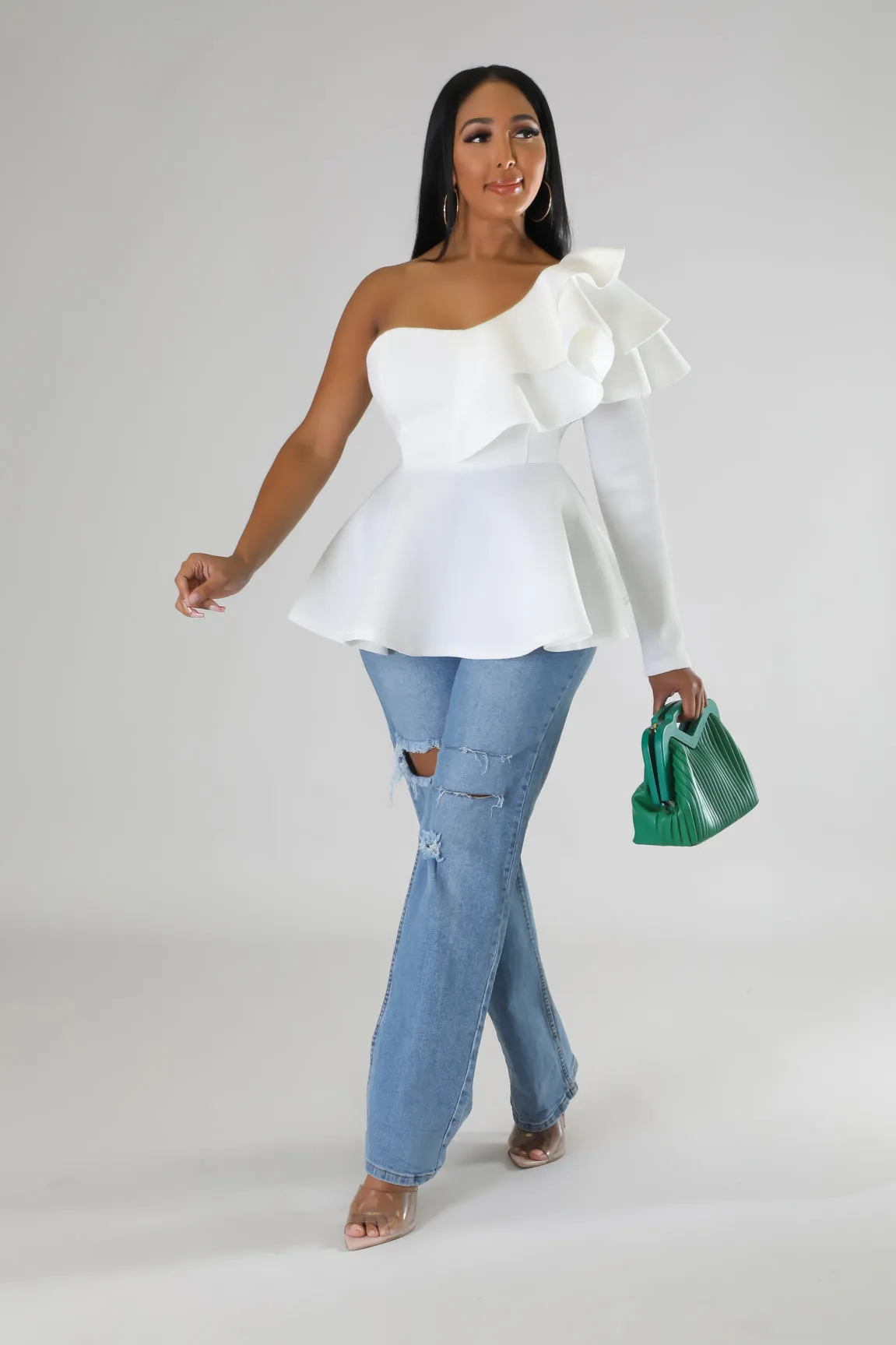Off White One Shoulder Ruffle Blouse