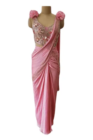 Onion Pink Saree, Organza Work Blouse Set