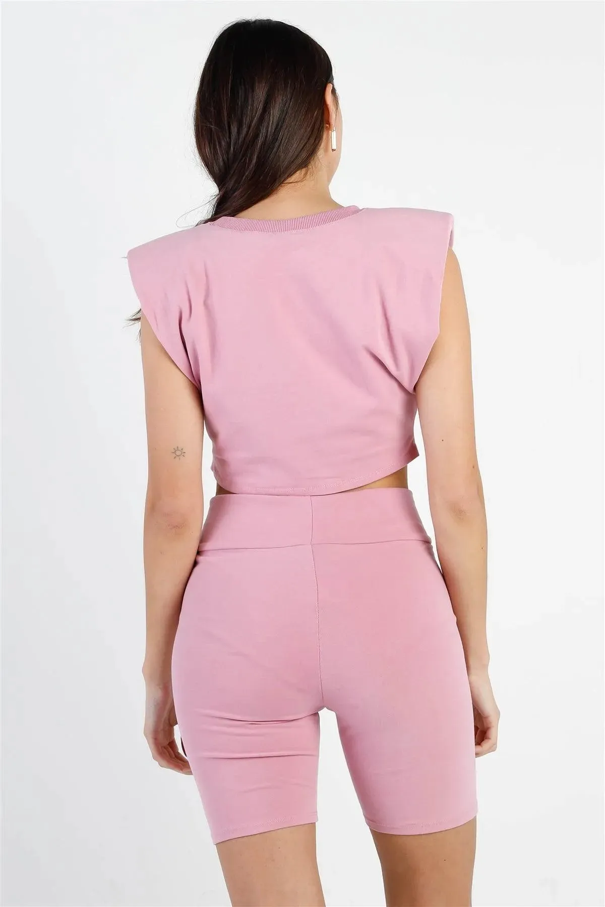 Pink Padded Shoulder Crop Top & Biker Short Set /2-2-2