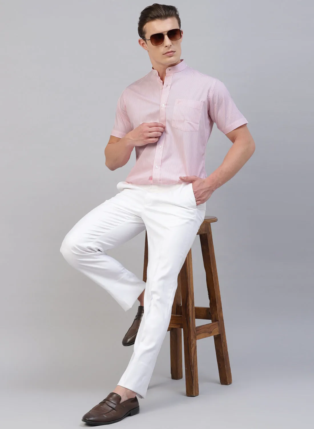 Pink Stripe Band Collar Half Sleeve Shirt
