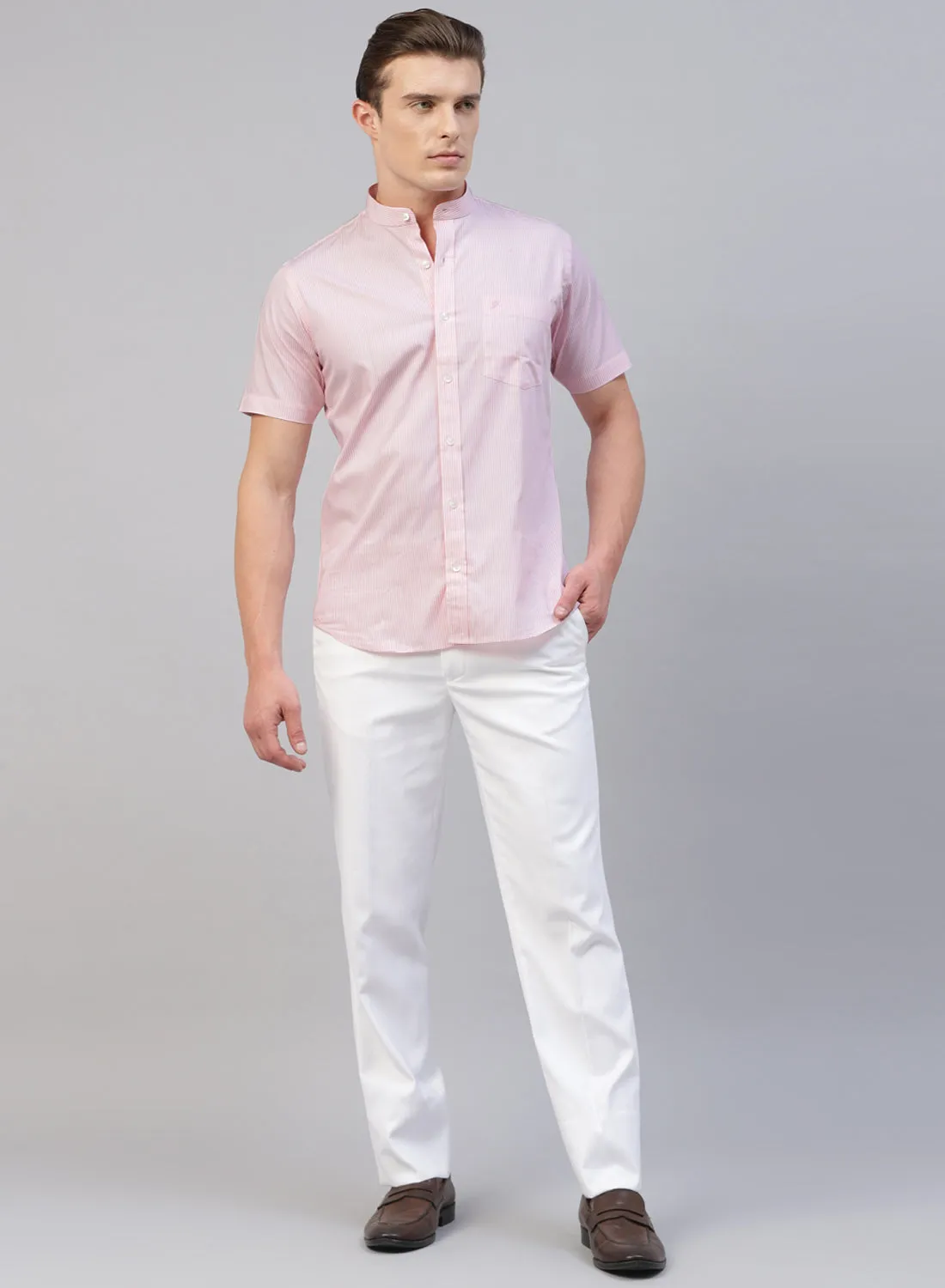 Pink Stripe Band Collar Half Sleeve Shirt