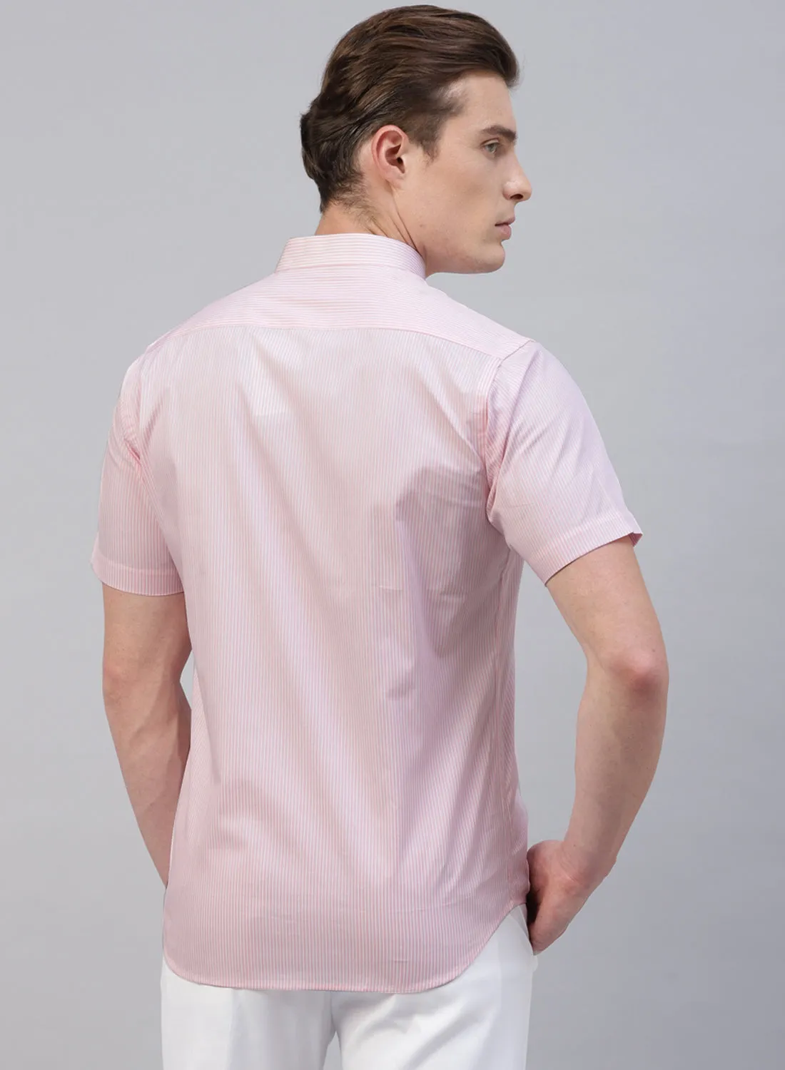 Pink Stripe Band Collar Half Sleeve Shirt