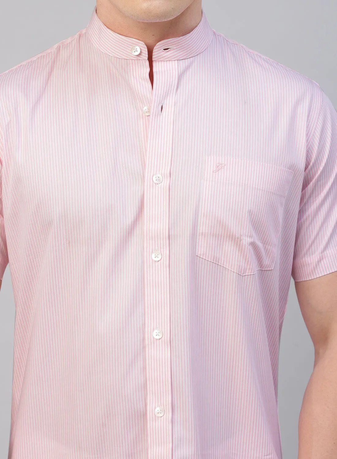 Pink Stripe Band Collar Half Sleeve Shirt
