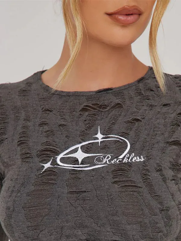 Plain Broken Holes Exposed Navel T-Shirt